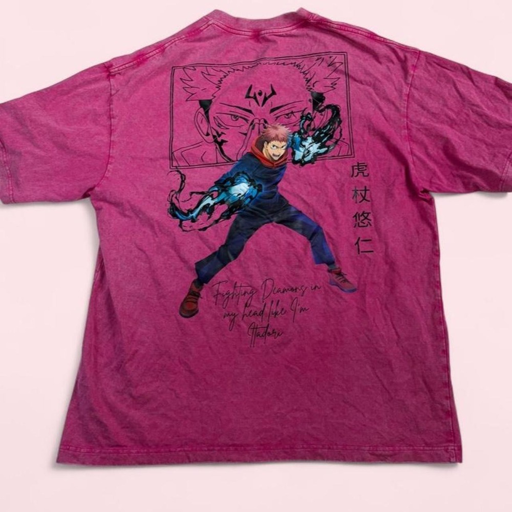 Gaia Sport Jujutsu Kaisen Yuji Itadori Graphic T-Shirt Pink Acid Wash XL